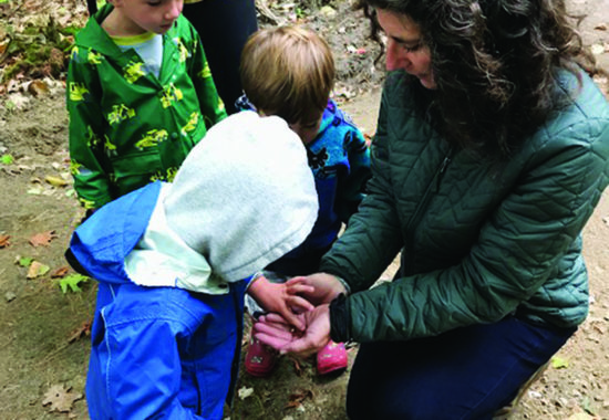 Naturalist Susie Spikol holds a salamander in her hands as preschoolers look on. 