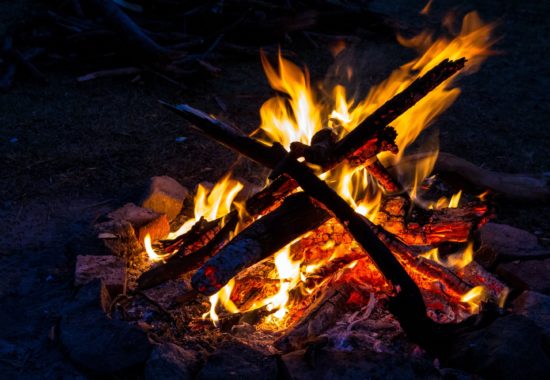 A campfire burns in dark background. 
